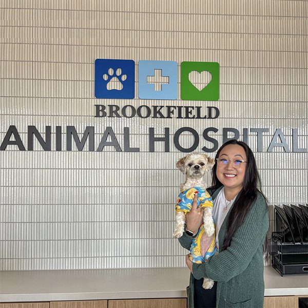 Practice Manager with dog near practice logo